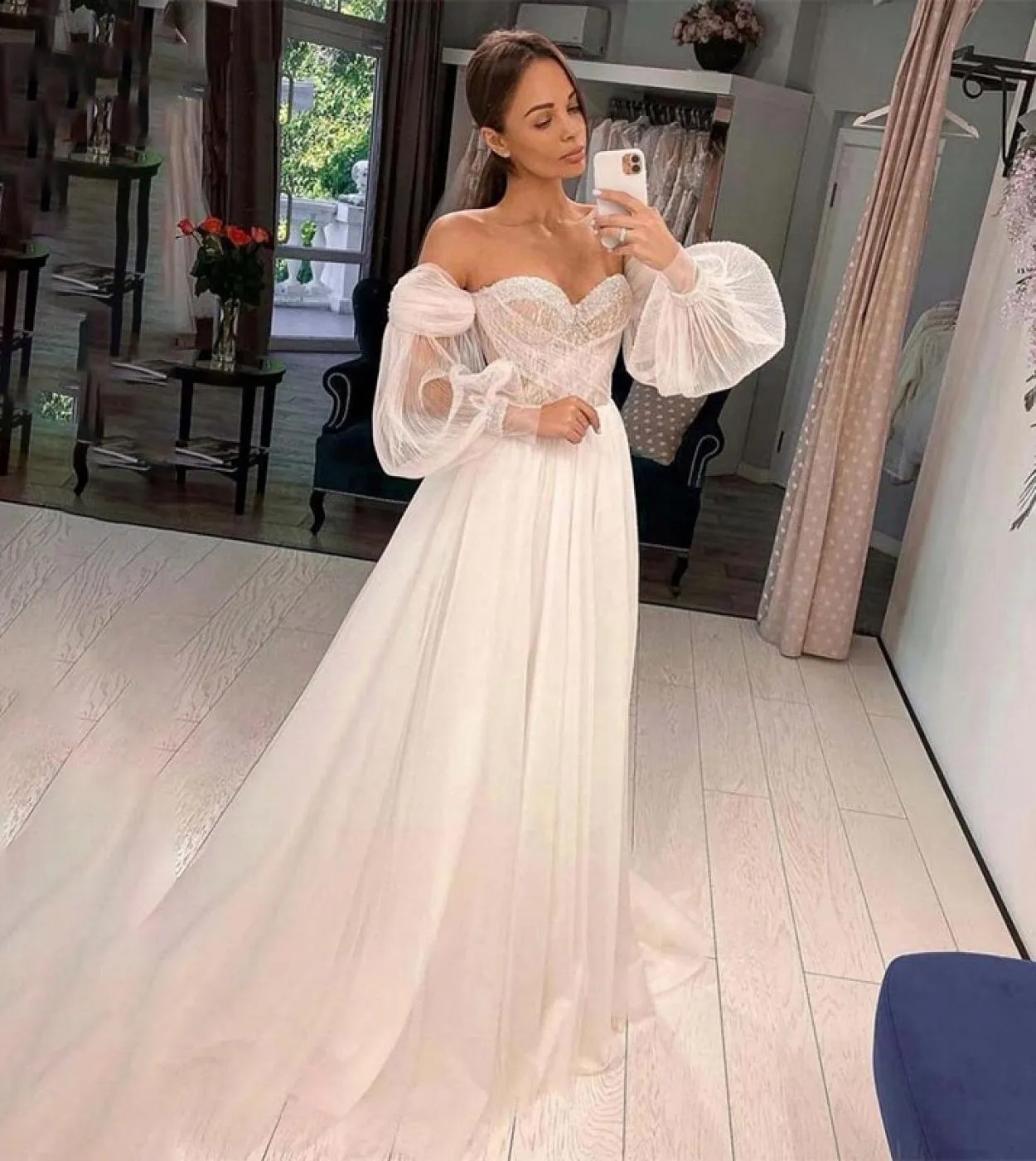 Abiti da sposa Boho Abiti da donna con spalle cadenti Maniche a sbuffo Staccabili con perline lucide Abito a trapezio Elegante a