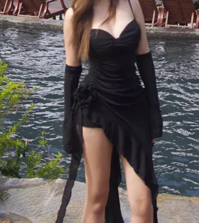 Abito lungo da donna aderente con scollo a tubino, aderente, con nappe floreali, abito da festa midi senza trapezio in rete con