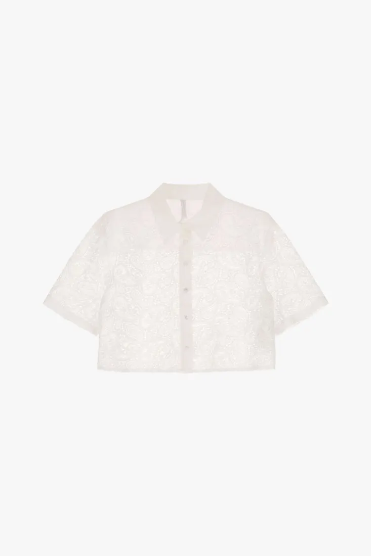 Camicia cropped lavorazione traforata con colletto classico