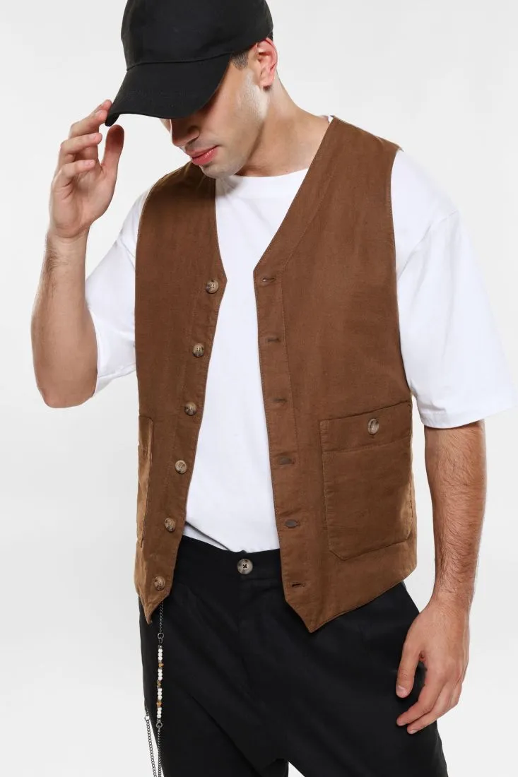 Gilet monopetto con tasche applicate e martingala