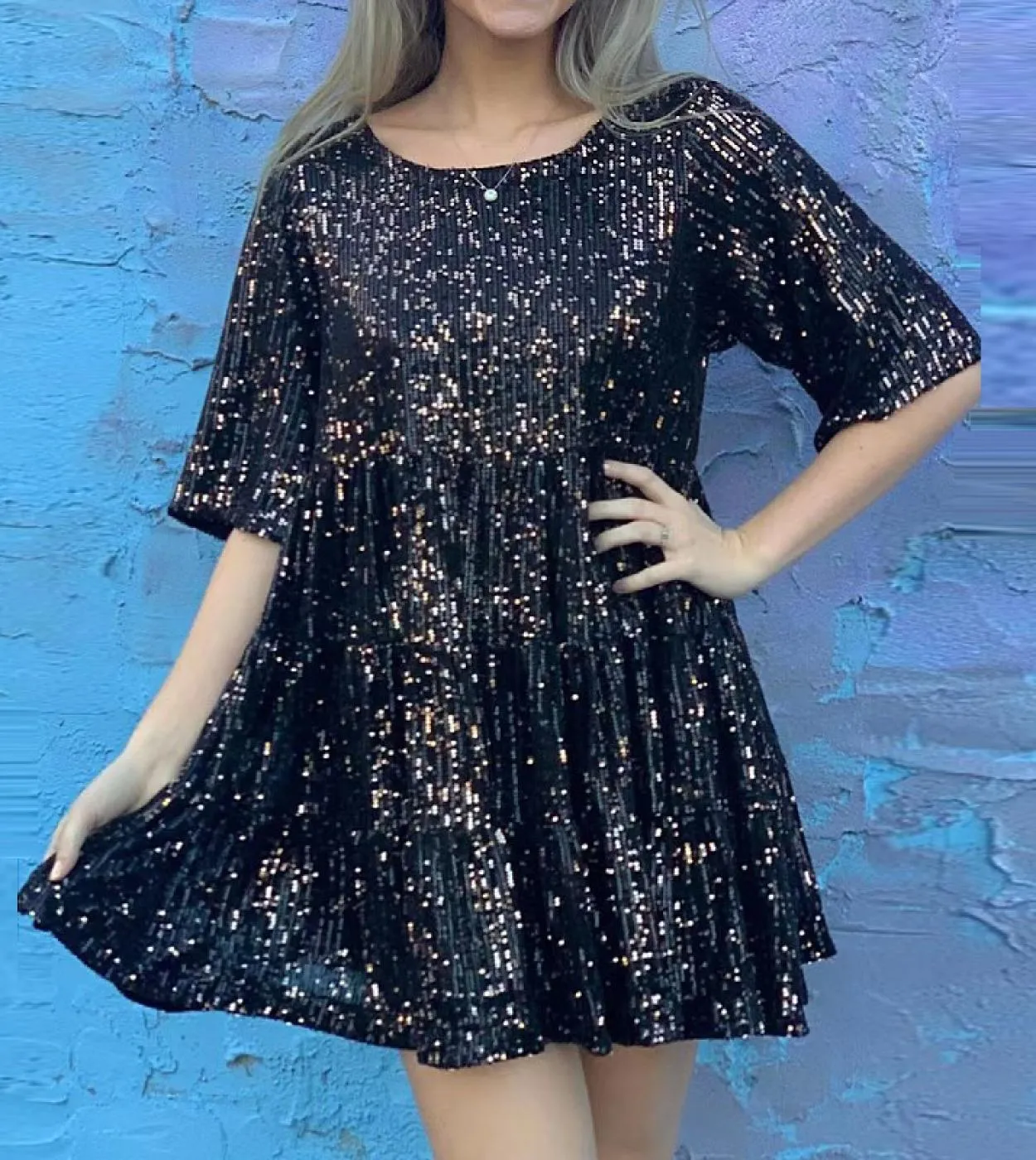 Mini abito casual allentato 2023 Moda primavera estate Girocollo Abito a trapezio solido Donna Elegante paillettes glitterato Pa