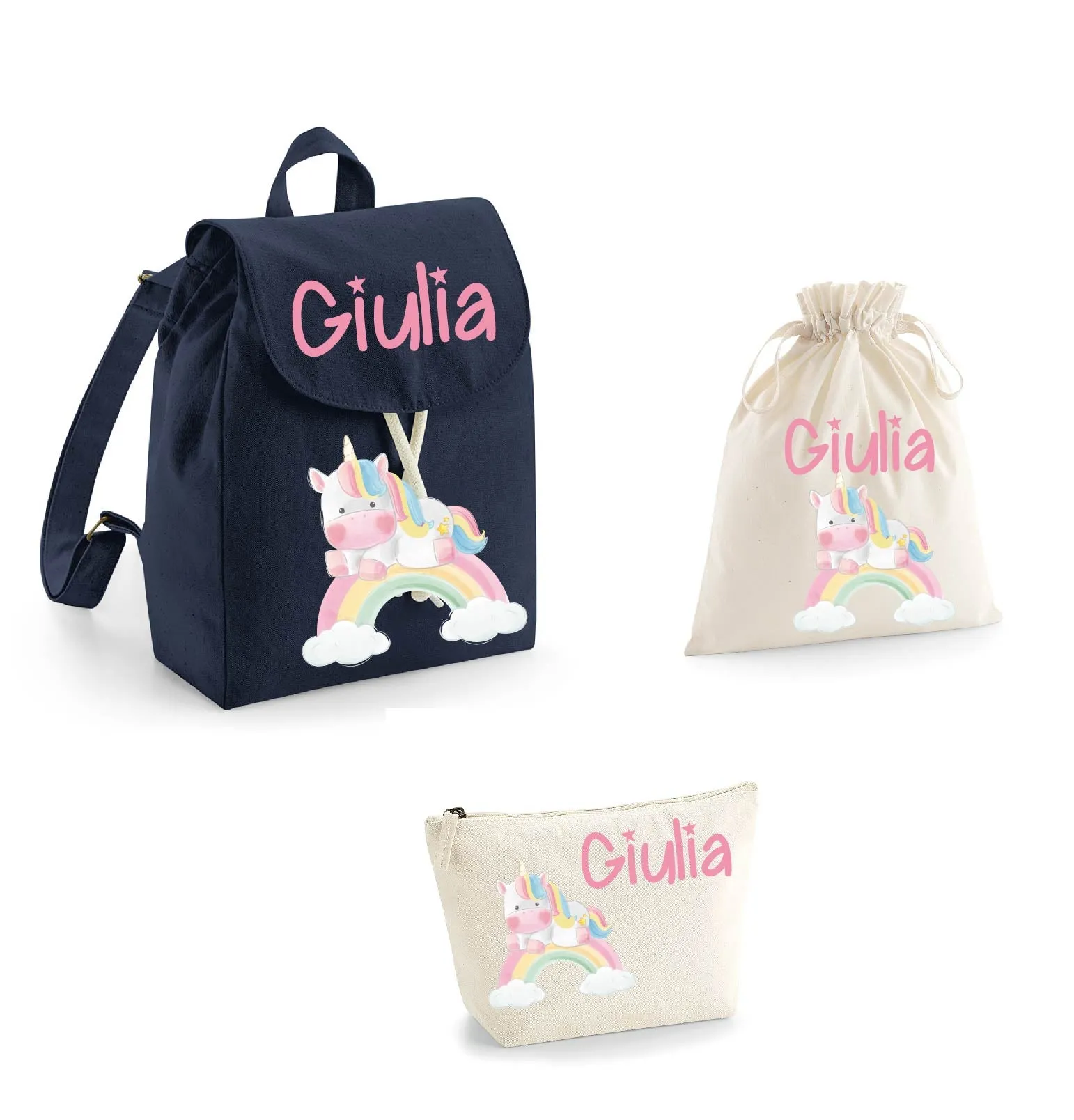 Set asilo Mini Zaino, Sacchetto cambi e beauty Unicorno Arcobaleno