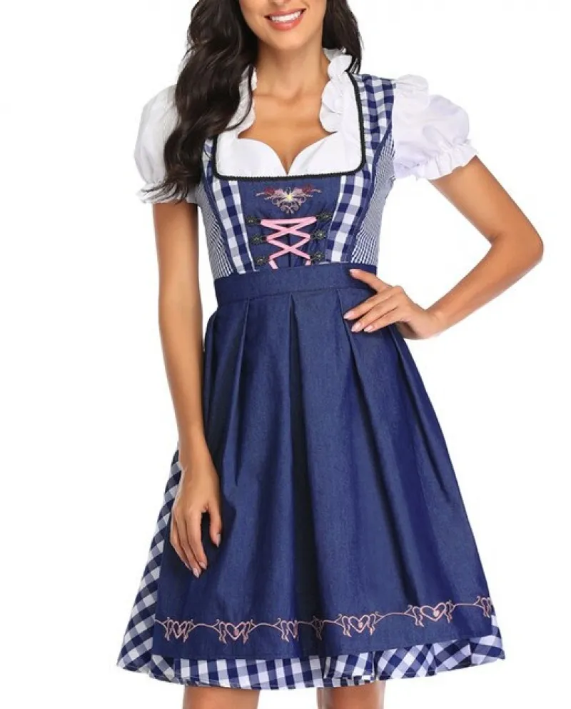 Traditional German Plaid Dirndl Dress Women Oktoberfest Costume Outfit For Adult Femme Halloween Cosplay Costumes Party